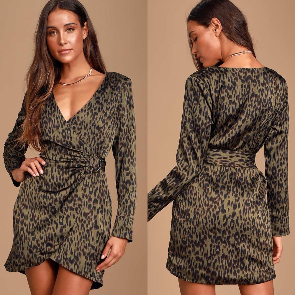 Lulus | Dare You Olive Green Leopard Print Wrap Dress